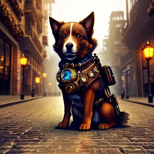 Prompt: A steampunk dog in a dystopian city and sepia gears, abstract, glitchy, haunting, surreal, dreamy, 4k, futuristic details