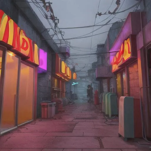 Prompt: a lone backalley cyberpunk mcdonalds by DANGIUZ 
anime 