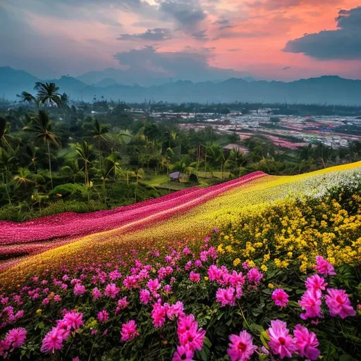 Prompt: Sebuah pemandangan panorama pada sore hari di hamparan bunga matahari, dengan ladang yang dipenuhi oleh bunga-bunga kuning cerah, dan langit senja yang memberikan latar belakang dramatis