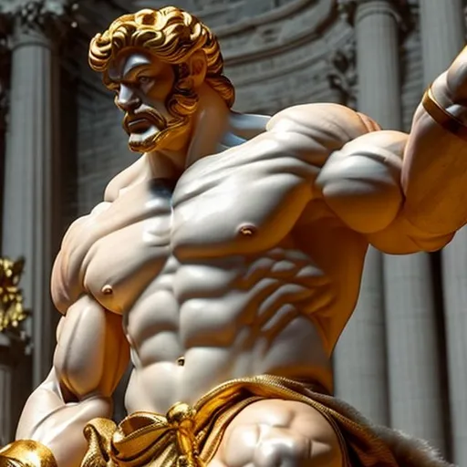 Prompt: make a white marmer and gold statue of hercules that is very muscular