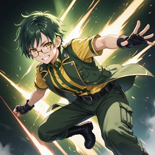 Prompt: Man with dark green hair, black combat boots, wearing a green open vest over a red/yellow striped shirt, glasses, striking a fighting pose, smiling, high quality, anime, detailed hair and outfit, vibrant colors, dynamic lighting, broad chest 