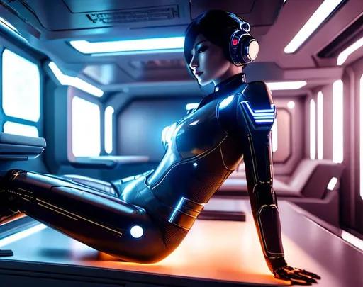 Prompt: a spaceship pilot in a latex suit with robotic arms and legs, laying down in a chair, in a cyberpunk setting, cyborg, implants, high details, realistic , professionally colour graded, photorealism, 8k, grim dark lighting, art by sakimichan