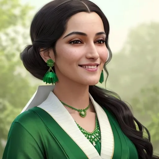 Prompt: a photorealistic, 8k UHD portrait of a wealthy lady in 20s. brown complexion, greish 
 eyes, long flowing black hair. wearing green and white robe with golden details. expression is smiling. mood is happy, background is a green wash, soft midday lighting, masterpiece, trending on artstation

