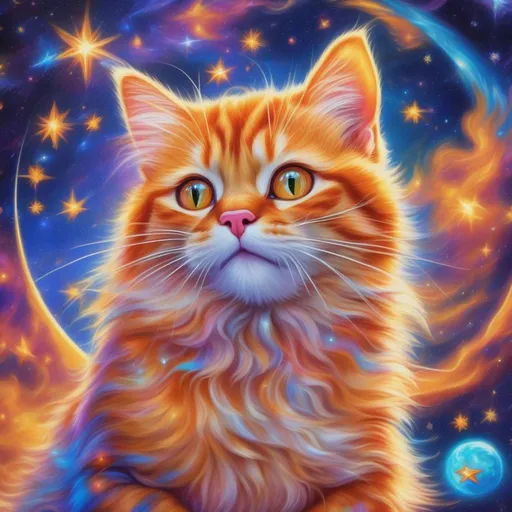 Prompt: a colourful light coloured orange tabby tomcat that is polydactyl made of stars and outer space, jumping over the moon in space a photorealistic impressionistic Disney Lisa Frank style. in a stained glass style