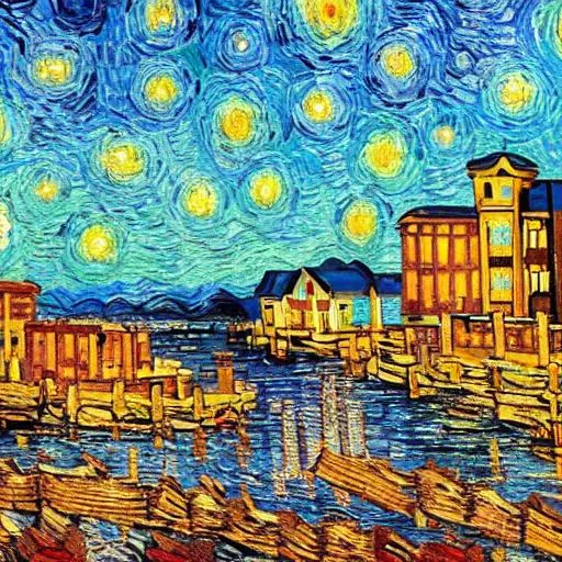 Prompt: buildings with van gogh theme