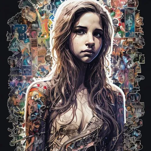 Prompt: enchanting,sticker of a full body picture of a Naomi Scott, long brown hair, white holy armor, highly detailed beautiful face, banksy art, Kim Jung gi, freedom, soul, digital illustration, comic style, fantasy noir, approaching perfection, dynamic, highly detailed, watercolor painting, artstation, concept art, smooth, sharp focus, illustration, art by Carne Griffiths and Wadim Kashin ,