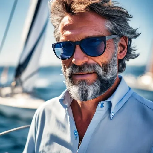 Prompt: photo of a confident, healthy, German, 45 year old, haired, grey bearded sailor looking magical and handsome wearing a light blue Oxford shirt and dark sun glasses
while pulling the anchor on a raceboat.



