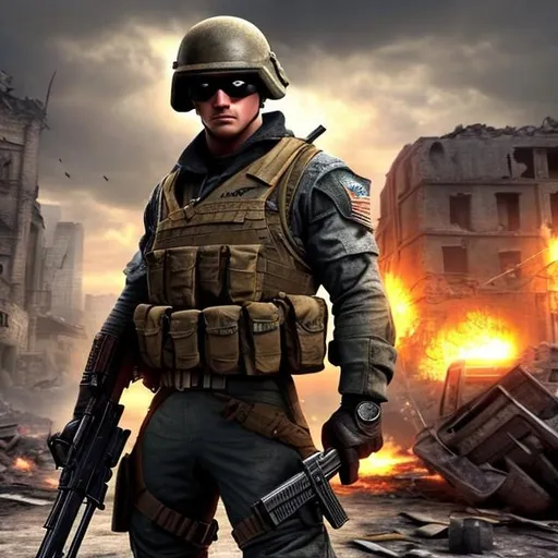 Prompt: realistic soldier holding a gun rifle, realistic graphics, in background add destroyed buildings, add destroyed city, add detail to face, 3d, HD, man, 4k, gritty, high resolution, photo, third person