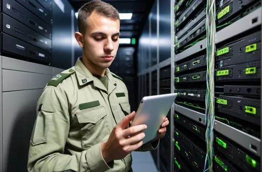 Prompt: IDF soldier (green uniform) in a server room looking at a tablet computer screen and checking it out of the server compartment, Andries Stock, les automatistes, technology, a stock photo