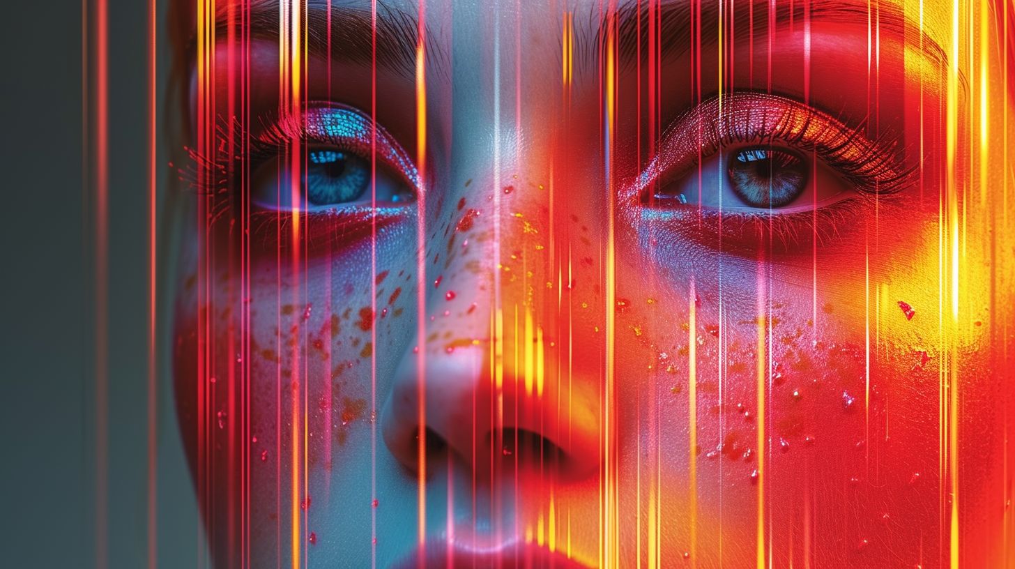 Prompt: Create an image of a human-like face with a futuristic aesthetic. The face should be framed by abstract, metallic elements that evoke a sense of advanced technology. Include sleek stripes of alternating colors across the face that complement the overall color scheme, but allow the eyes to be clearly visible, radiating a sharp, piercing look. The facial features should be detailed and realistic, with a touch of surrealism that blends organic and synthetic elements seamlessly. The background should be dark to highlight the subject, with subtle highlights that suggest a high-tech environment.