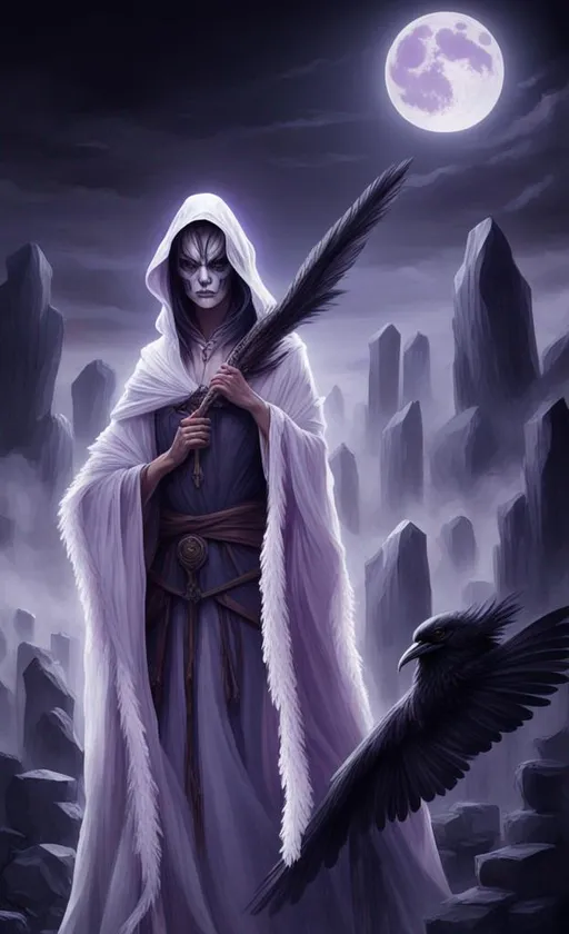 Prompt: anthropomorphic, death with raven skull as a head stareing out over a graveyard, realistic, human proportions, glowing purple eyes, dark room, white colors, dark magic, long robe, magic staff, medieval, high definition, professional, fog, smoke, professional, 4K. HD, High RES