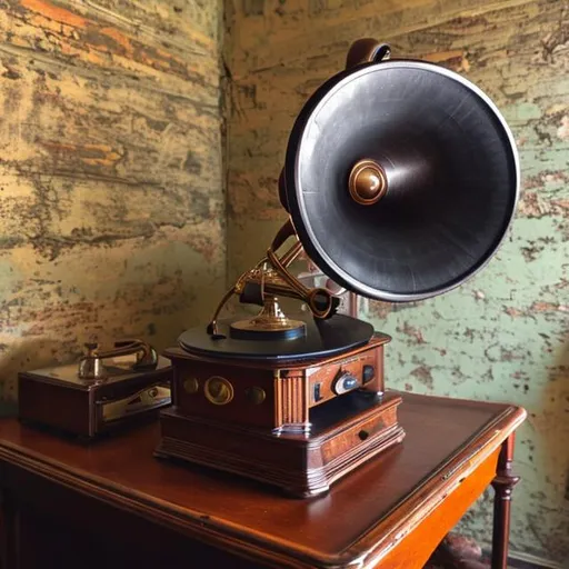 Prompt: A antique phonograph on a table in an early 1900's room
