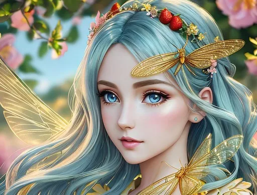 Prompt: Fairy, yellow wings, Beautiful, young, cute, long, wavy, golden hair, female, windy, azure eyes, pale pink sleeved dress, strawberry lips, very arched eyebrows, clear sky, blue sky, 4K, 16K, highly realistic, extremely detailed, photo realistic, photo quality, full body, standing, light orange wings, dragonfly wings.