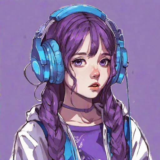 Prompt: a girl called violet with blue headphones drew in anime style
