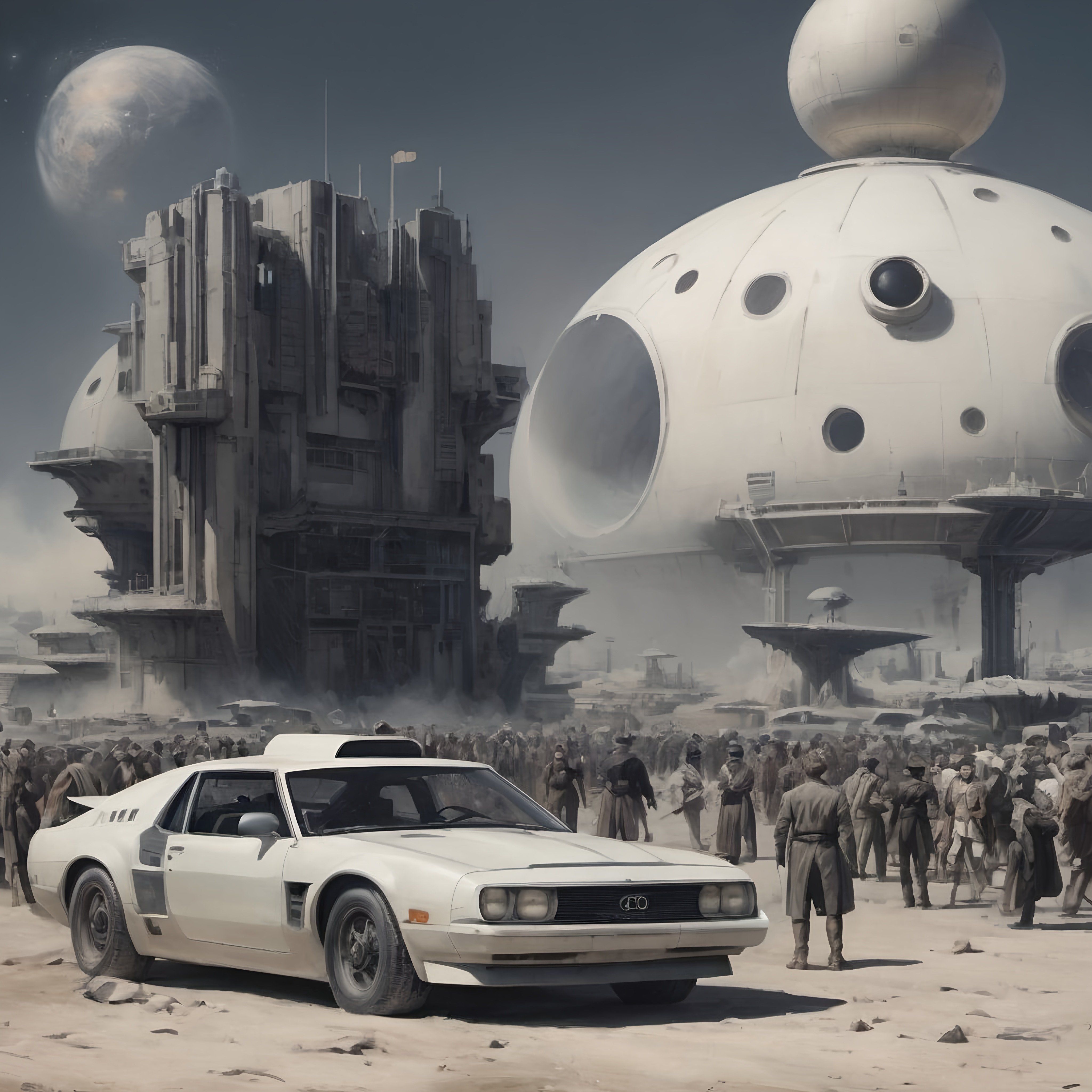 Prompt: a car in front of a large building with a giant object in the background and people walking around, matte painting concept art, a detailed matte painting