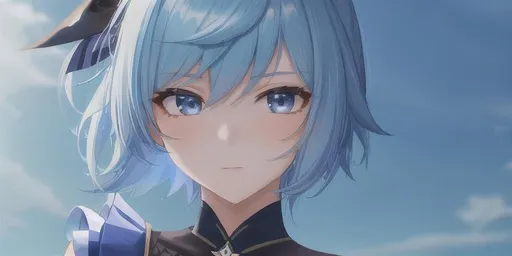 Prompt: 1girl, solo, Eula, Eula genshin Impact, genshin impact/, detailed face, detailed, beautiful face, high quality, masterpiece, best quality, blue hair, hair pin, short hair, shy face,