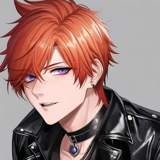 Prompt: Erikku 1male (short ginger hair, freckles, right eye blue left eye purple), highly detailed face, 8K, Insane detail, best quality, UHD, handsome, flirty, Highly detailed, insane detail, high quality. Hollywood, famous, leather jacket, tight ripped black jeans, black jewelry, black choker, actor, black sunglasses