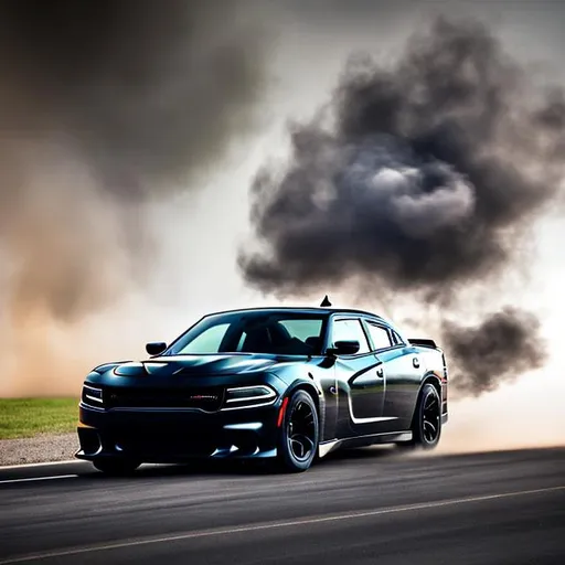 Prompt: Black 2018 Dodge Charger Hellcat, doing a burnout and sitting in a cloud of smoke. Photo realism

