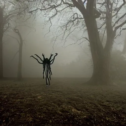 Prompt: Scary alien in fog forest