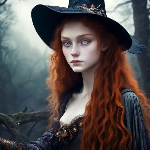 Prompt: Detailed and mystical portrait of a young beautiful witch with ivory clear skin, long fire red hair ((red hair)) and deep  eyes.  Perfect female anatomy and gorgeous, night light, moonlight, vivid,dramatic, magical, fantasy, 8k, high detailed, dramatic light