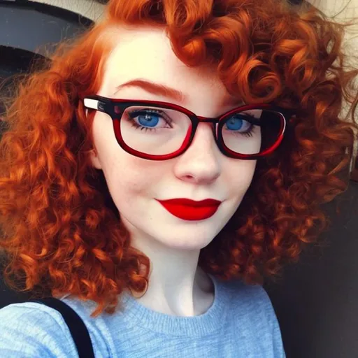 Prompt: smart girl, red hair, curly hair, black glasses, red lipstick, blue eyes