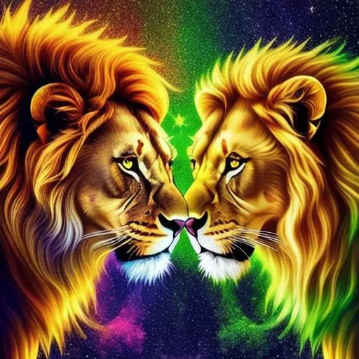Prompt: a lion and lioness floating in space and half of their face with green liquid floating around him. space, 4k, hyper realistic