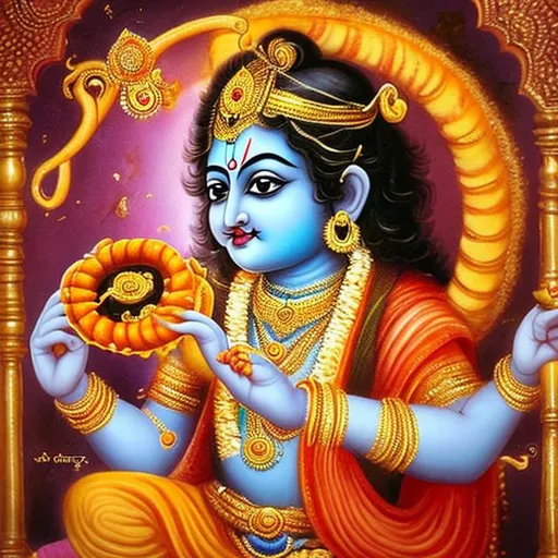 Prompt: Krishna having jalebi 
in hand in place of sudarshan chakra

