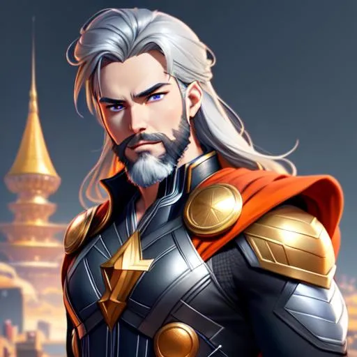 Prompt: 64K, centered position Full body of young man, facial hair, thor little orange, Mobile Legend, perfect eyes, grey hair, symmetrical, lighting, detailed face, by makoto shinkai, stanley artgerm lau, wlop, rossdraws, concept art, digital painting, looking into camera, intricate ornament on his suit, castle background, colorful ambient, colorfull, HDR, 64K