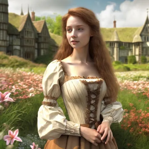 Prompt: HD 4k 3D professional modeling photo hyper realistic beautiful  woman maid marion long auburn hair tan skin light brown eyes gorgeous face pink and white dress Tudor England manor english countryside lilies landscape hd background ethereal mystical medieval beauty 