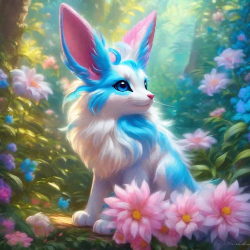 Prompt: (blue Sylveon), realistic, photograph, fantasy, epic oil painting, (hyper real), furry, (hyper detailed), extremely beautiful, (on back), playful, UHD, studio lighting, best quality, professional, ray tracing, 8k eyes, 8k, highly detailed, highly detailed fur, hyper realistic thick fur, canine quadruped, (high quality fur), fluffy, fuzzy, full body shot, hyper detailed eyes, perfect composition, hyper realistic depth, ray tracing, vector art, masterpiece, trending, instagram, artstation, deviantart, best art, best photograph, unreal engine, high octane, cute, adorable smile, lying on back, flipped on back, lazy, peaceful, (highly detailed background), vivid, vibrant, intricate facial detail, incredibly sharp detailed eyes, incredibly realistic scarlet fur, concept art, anne stokes, yuino chiri, character reveal, extremely detailed fur, sapphire sky, complementary colors, golden ratio, rich shading, vivid colors, high saturation colors, nintendo, pokemon, silver light beams