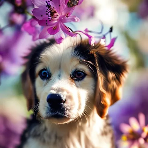 Prompt: Dog with puppy eyes looking cute and godly with a background of flowers 
