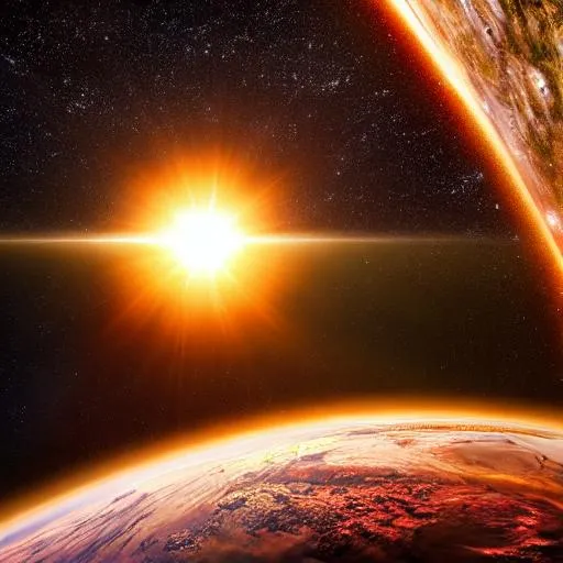 Prompt: ({{Hyperrealistic}}Zoomed_out,HDR, UHD, 64k, best quality, RAW photograph, best quality,masterpiece:1.5), Long range photo of earth, with the sun and a galaxy in the background. Render in Unreal Engine 6 128K UHD Octane, HDR, HDRP, fractal, pi, fBm, and Mandelbrot.