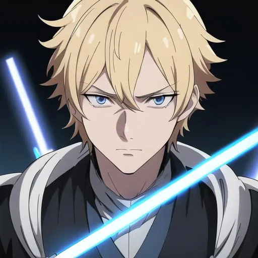 Prompt: serius, blond hair, blue eyes, blond hair, Luke skywalker, anime scenery by Kōhei Horikoshi, Anime guy, male, perfect iris, simetrical iris, black clothes, jedi robe black, anime eyes, detailed eyes, detailed face, perfect eyes, perfect anatomy, detailed face. high res, beauty hair, perfect hand, detailed, highly detailed, symmetry, fine art, perfect face, perfect, extreme detail, 16k UHD, 16k Resolution, cinema, masterpiece, textile shading, super detailed skin, 