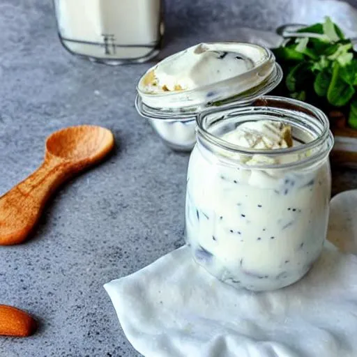 Prompt: a bowl of curd in a jar made of ice cream