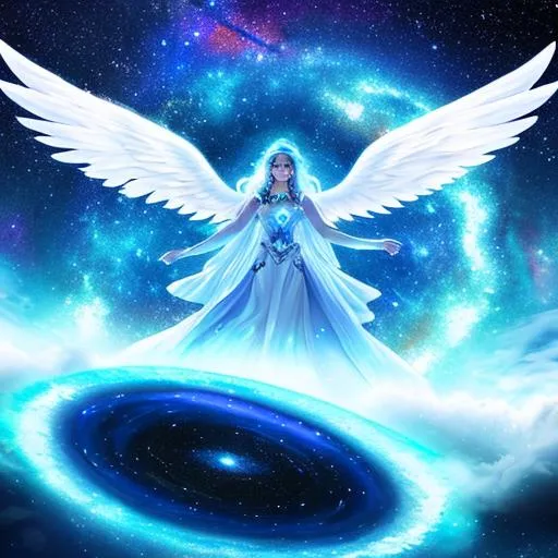 An angel creating a galaxy with 4 arms, blue eyes,so...