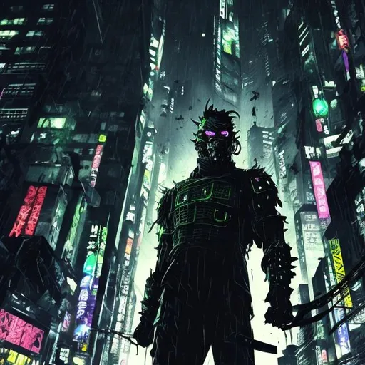 Prompt: Original villain.  Brawn. Sinister. Very Dark image with lots of shadows. Background partially destroyed neo Tokyo. Noir anime. Gritty. Dirty. Black with neon forest green accents. armour. Creepy mask. Bionic enhancements. 