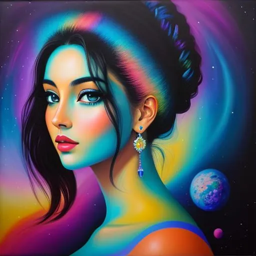 Prompt: Surreal portrait of beautiful female, cosmic landscape background, acrylic on canvas in style of post modernism 