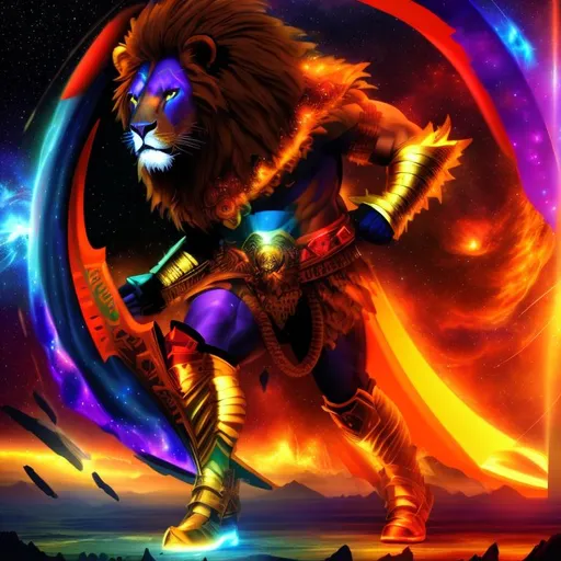 Prompt: 3D, HD, Cinematic, Dramatic, Cosmic, Epic, dark, Beautiful {Man}Lion, as warrior Nebula (Supernova red green blue yellow orange purple), hyper realistic, expansive interstellar background, hyper realistic, 8K --s99500