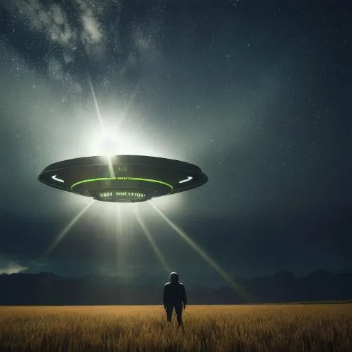 Prompt: 8k portrait of a ufo alien craft floating above a field of grass, abducting humans through a ray of light, high details, wind draft, cinematic style, xfiles, deviantart rendered in unreal engine 5, intricate details