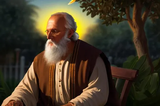 Prompt: A realistic image of St. Augustine. He is sitting on a bench in the middle of a beautiful garden at sunset. He is facing forward, with his eyes closed and looking at the sky.