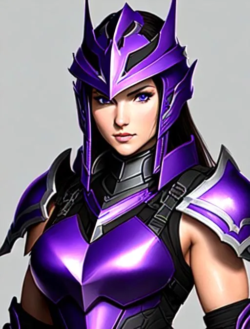 Prompt: Gina Carano wearing Dragoon artifact knight helmet from FFXIV, sleeveless, sleek purple dragoon artifact helmet from FFIV, blue eyes, tan body, battlefield, ethereal, dark purple mech tactical suit, jewelry set, stunning, royal vibe, highly detailed, digital painting, helmet, Trending on artstation , HD quality, tan skin,artgerm,  by Ilya Kuvshinov 