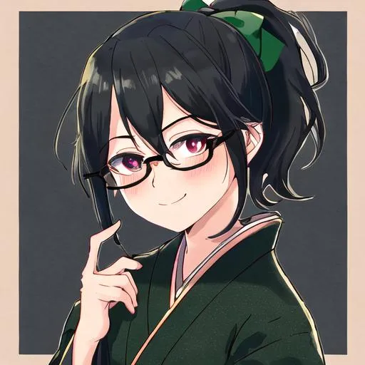 Prompt: Character: A 30-year-old mature lady Expression: smiling and blushing Face: Pure dark black extra size full-frame glasses, Dark green pupils black ponytail hair, wearing a dark green bow Upper body: Wearing a blue Japanese-style kimono