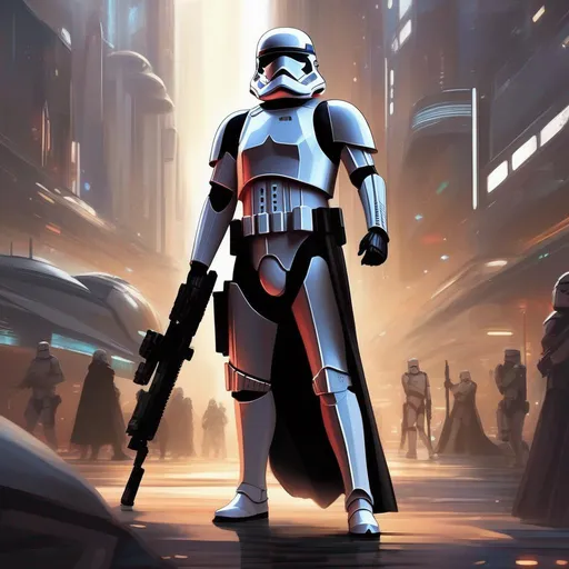 Prompt: Whole body, full figure. A first order stormtrooper in black armor. He wields a rifle. In background a scifi city. Star wars art. Rpg art. 2d art. 2d. 