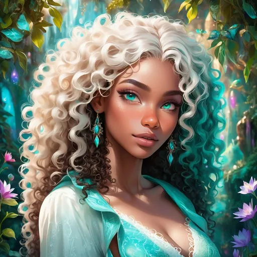 Prompt: (beautiful young black woman), vibrant fantasy style,chocolate brown skin, luxurious white curly/coily hair, striking turquoise eyes, magical atmosphere, enchanting light, whimsical background filled with fantastical elements, lush colors, dreamy vibe, high depth, ultra-detailed, captivating and imaginative composition.