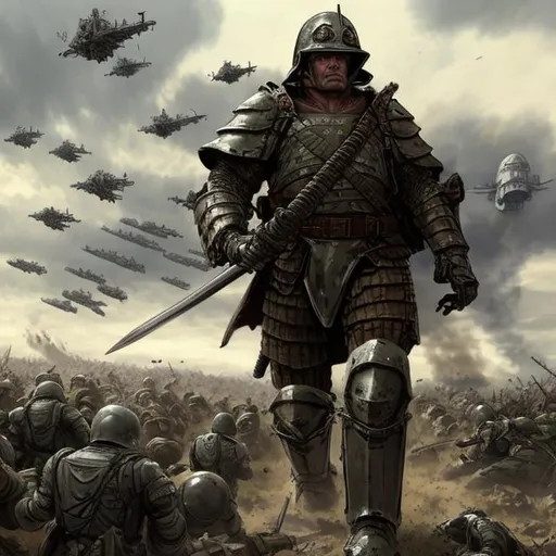 Prompt: A man in a suit of armor steps out of a tank. Ahead of him is a great battle. the roars are deafening and the bombs and gunfire never seem to stop. above him are thousands of airships rushing towards the battle. The man knows that he alone can end this war. Aided with only 1 powerful rifle and a sharp sword, he heads towards the battle.