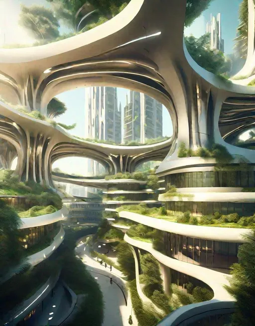 Prompt: highly detailed illustration, futuristic utopian city, zaha hadid mixed with peter zumthor architecture, luxurious vegetation, natural light, ray of lights through the buildings, low angle, 24 mm, natural colors
