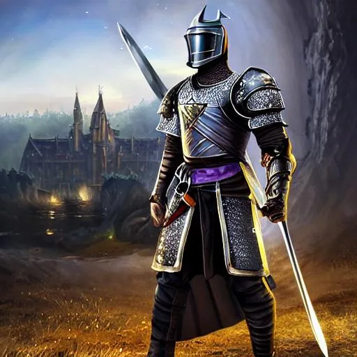 Prompt: Zander, Black Medieval Knight Armour with purple gem in the chest, helmet, longsword in sheath attached to hip, medieval, castles, day, high quality, flames, dragons, highly detailed, trending on artstation, HD quality, bright lights