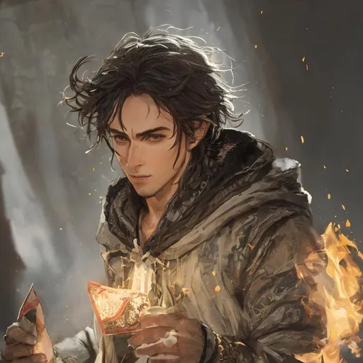 Prompt: a portrait of a ruffled male High Half-Elf, lage weathered brown cloack with hood, wearing weatherd old cloathing, black hair, holding a playing card on fire, digital art, popular on Artstation