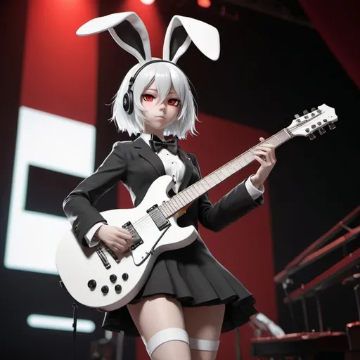 Prompt: Reference vocaloid Yowane Haku with bright red eyes and flowing white hair wearing a black and white bunny outfit and a black bow tie, holding her Gibson guitar standing on stage, Beeple, remodernism, unreal engine 5 quality render, a raytraced image