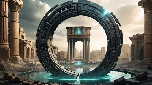 Prompt: magical portal between cities realms worlds kingdoms, circular portal, ring standing on edge, upright ring, freestanding ring, hieroglyphs on ring, complete ring, ancient roman architecture, ruins of atlantis city plaza setting, panoramic view, futuristic cyberpunk tech-noir setting